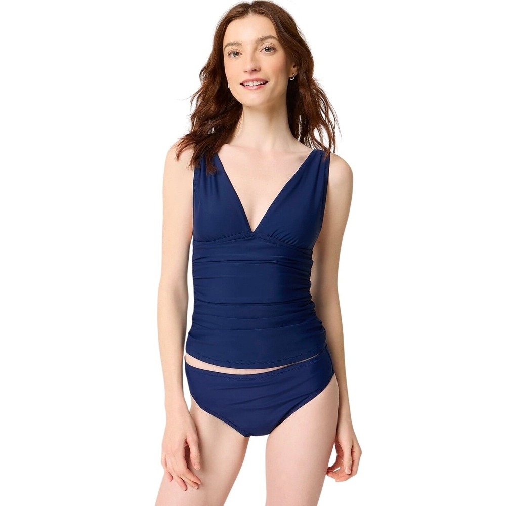J.Crew Women Medium Antique Navy Blue Ruched Tankini Top V-Neck CI105